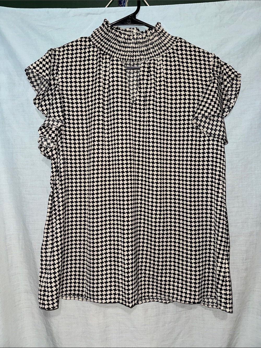 Houndstooth High Neck Keyhole Blouse